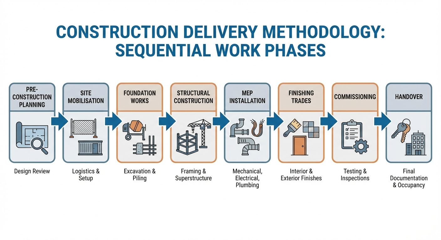 Construction delivery methodology diagram showing work phases