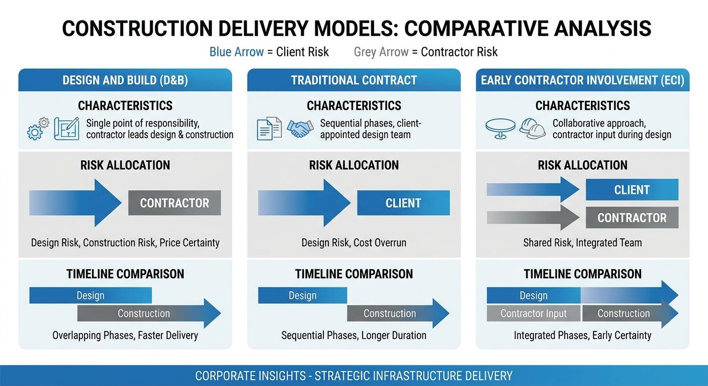 Construction delivery model comparison: Design and Build, Traditional Contract, and ECI