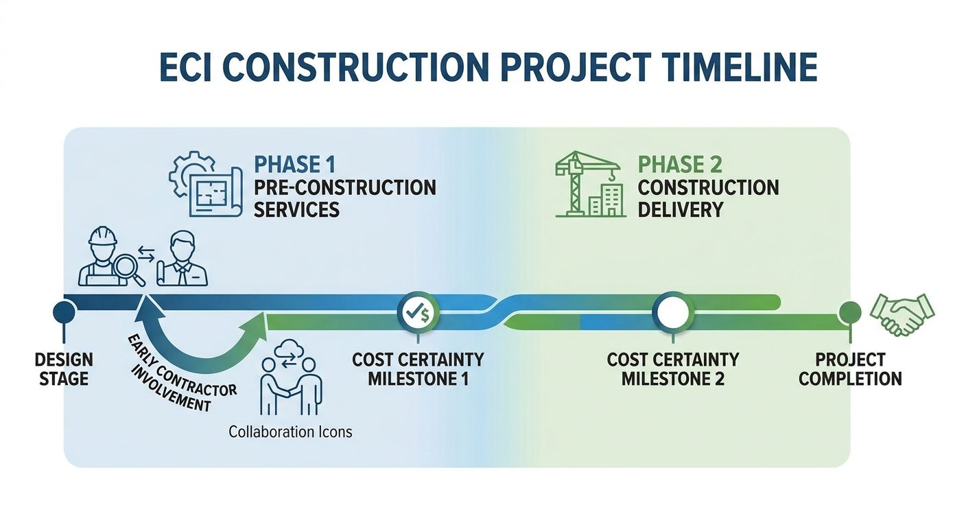 ECI two-phase timeline: Phase 1 pre-construction services, Phase 2 construction delivery