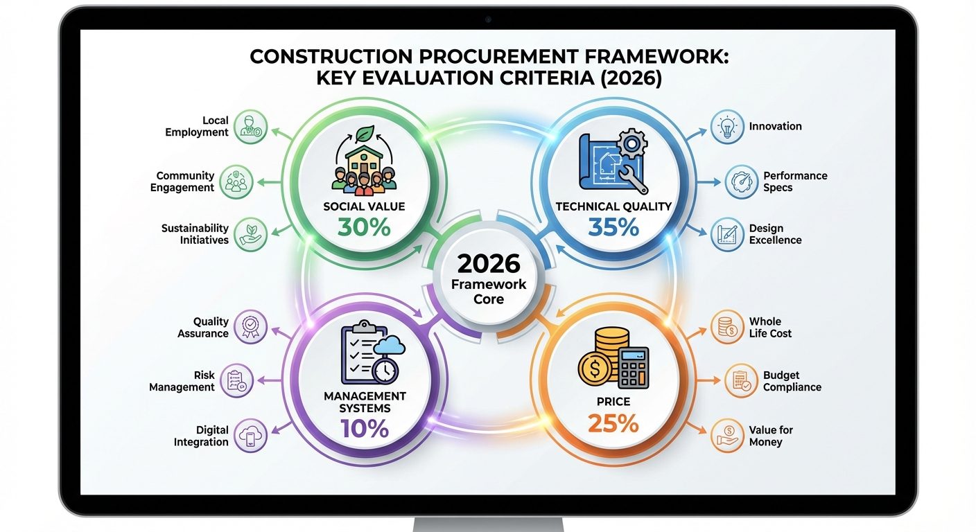 Construction procurement framework showing key evaluation criteria