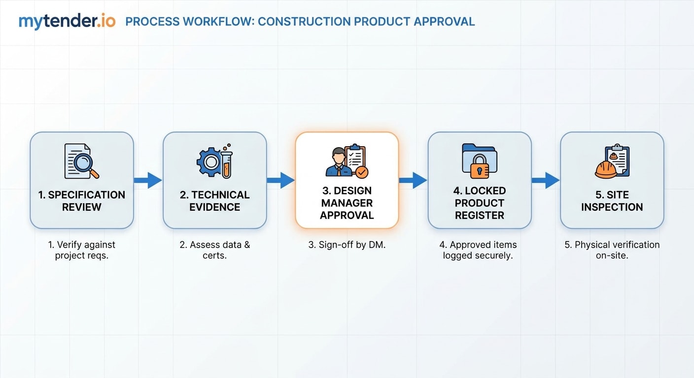 Product approval workflow for construction tenders from specification review to locked product register and site inspection