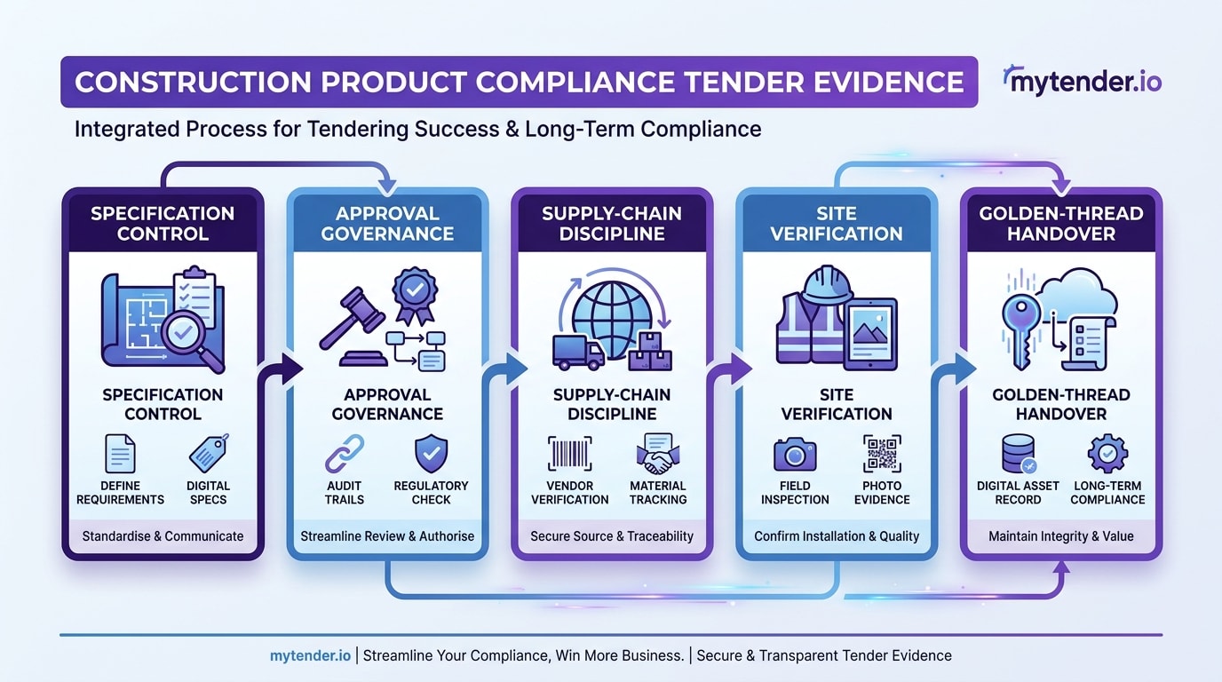Five-part construction product compliance framework covering specification, approval, supply chain, site verification and handover