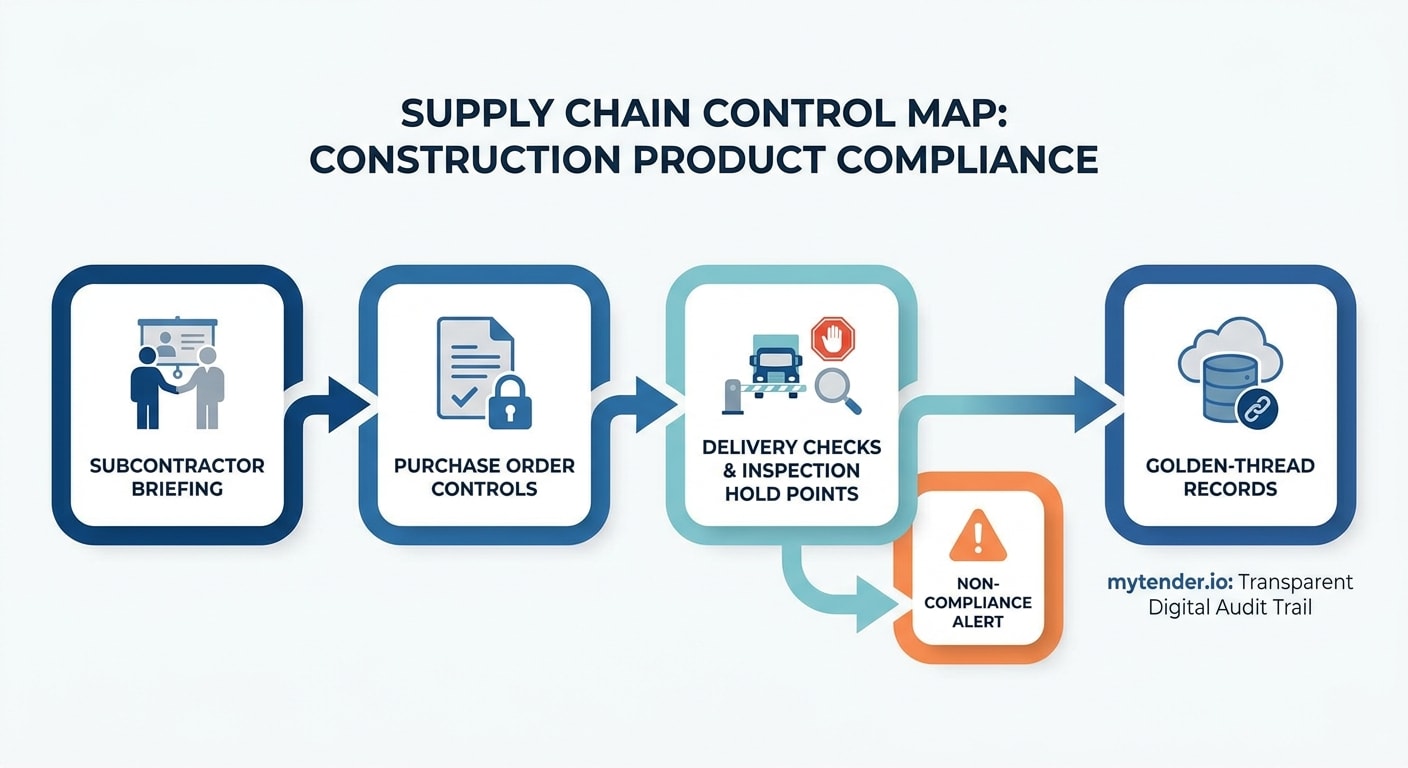 Supply-chain control map for product compliance showing subcontractor briefing, purchase order controls, delivery checks and inspection hold points