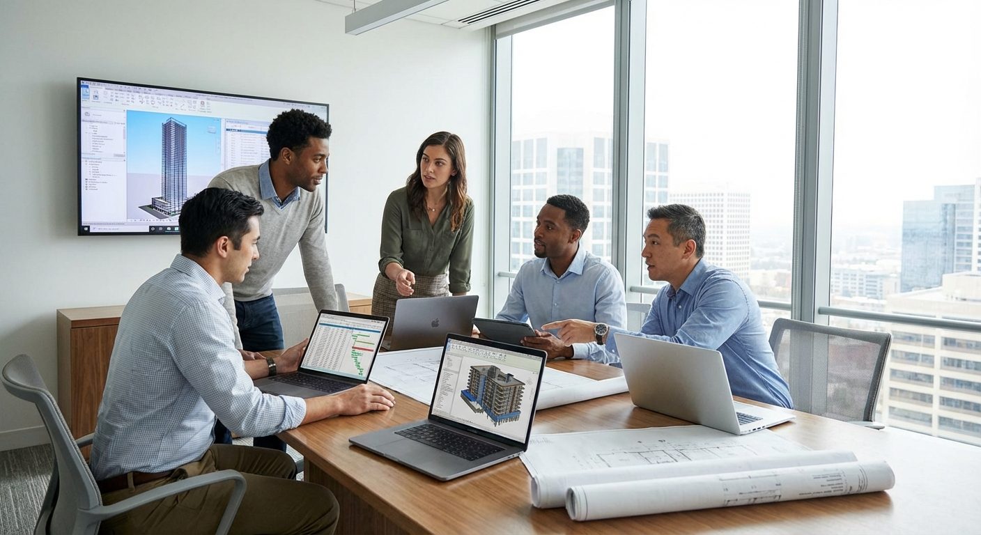 Modern construction team collaborating on tender proposal