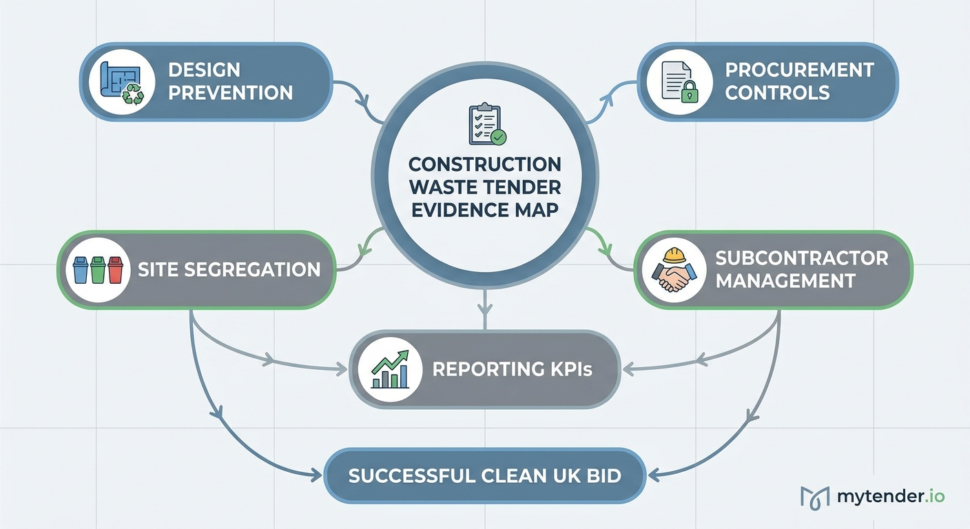 Diagram showing how construction waste evidence connects design, procurement, site controls and contract KPIs