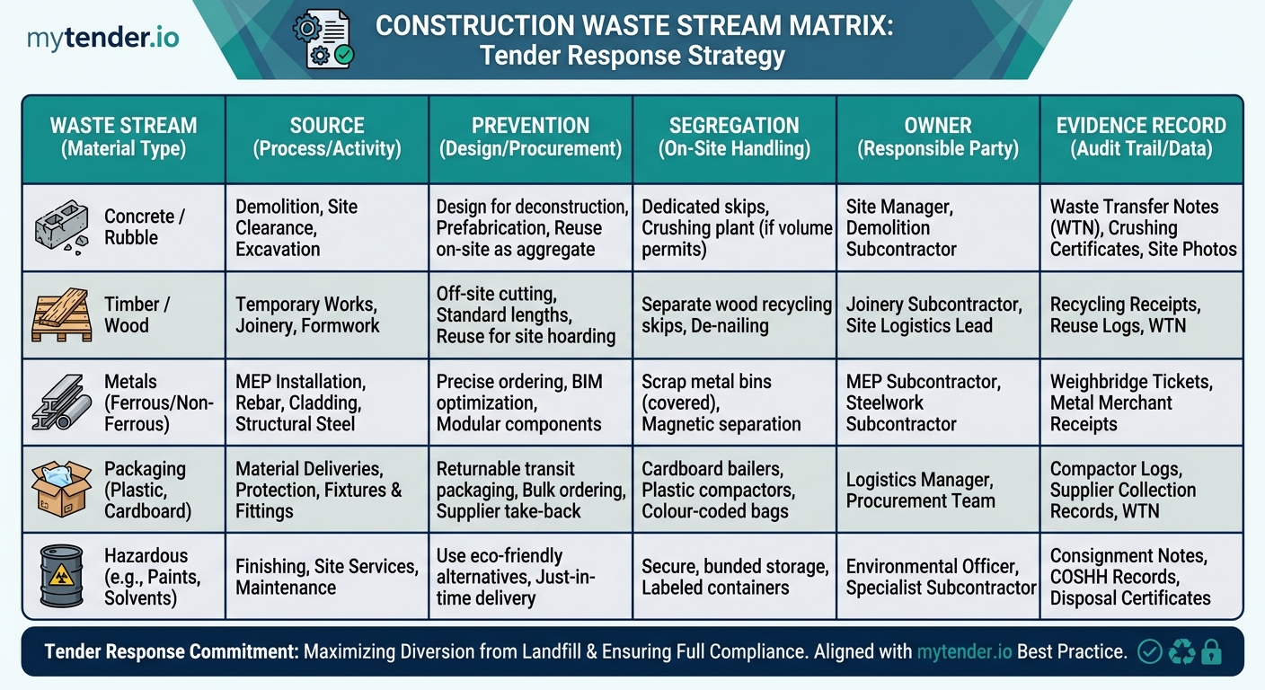 Waste stream matrix for a construction tender showing prevention measures, owners and evidence records