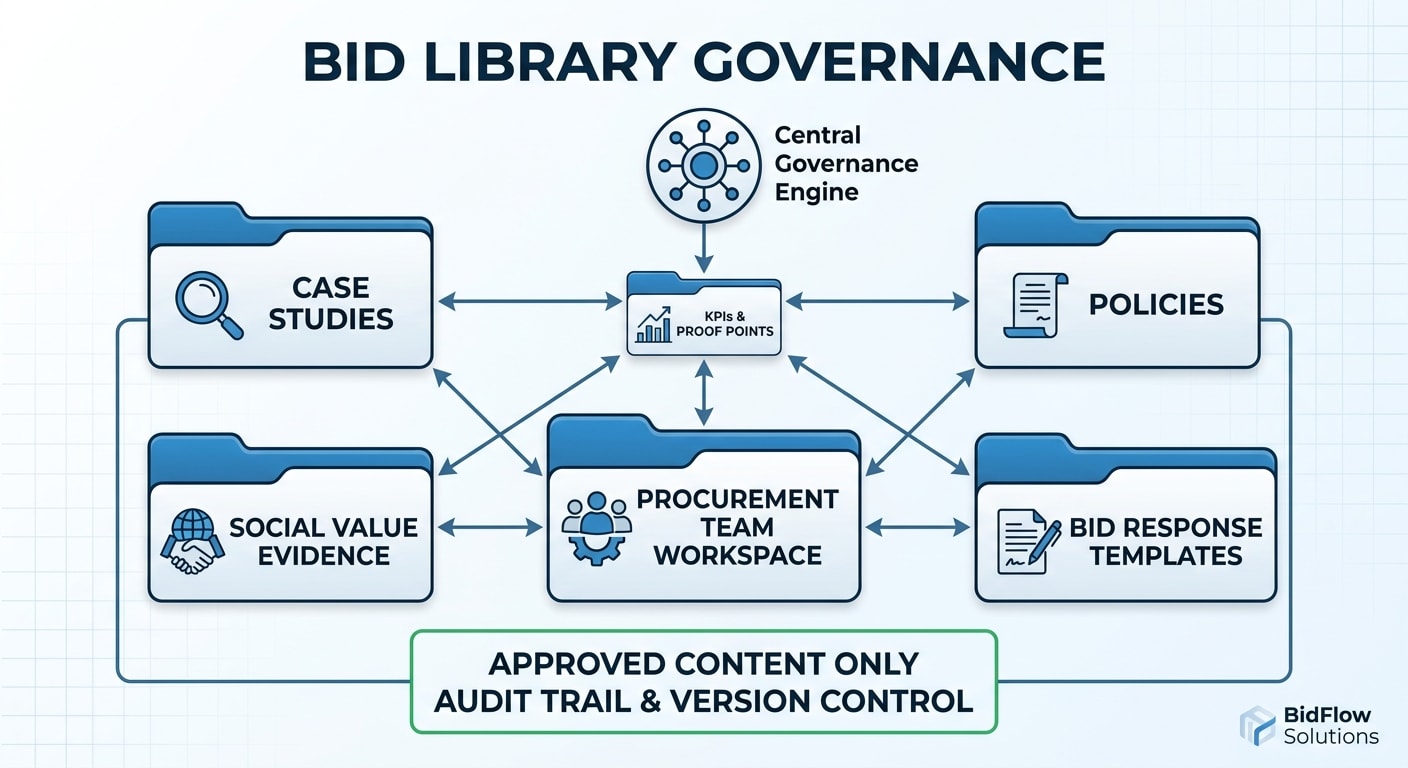 Bid library governance model with case studies, policies, KPIs and proof points