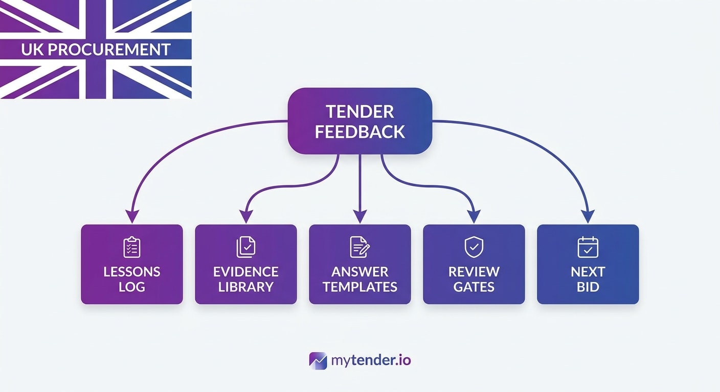 Continuous improvement loop from tender feedback to lessons log, evidence library, templates and next bid