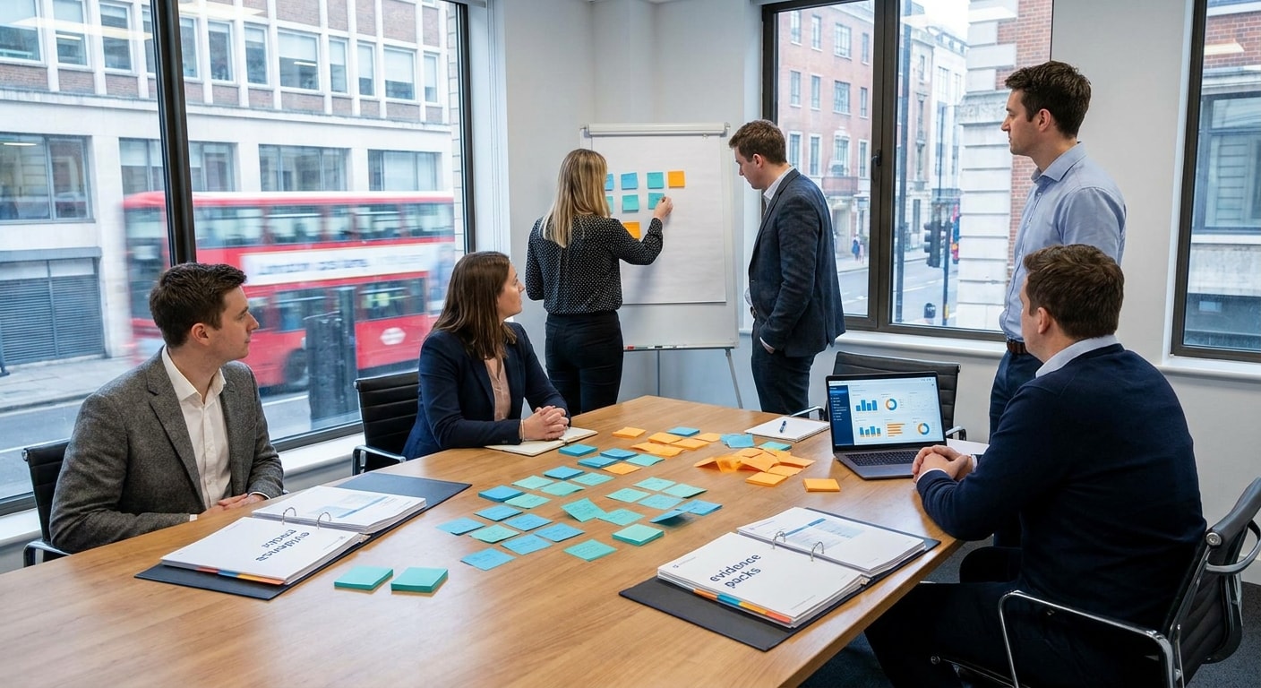 Bid team running a practical post-result retrospective workshop