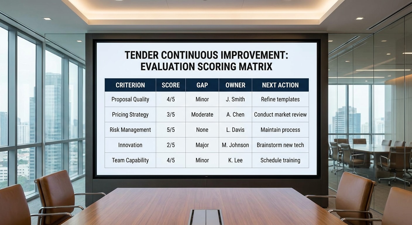 Tender scorecard matrix for logging criterion scores, gaps, owners and library actions