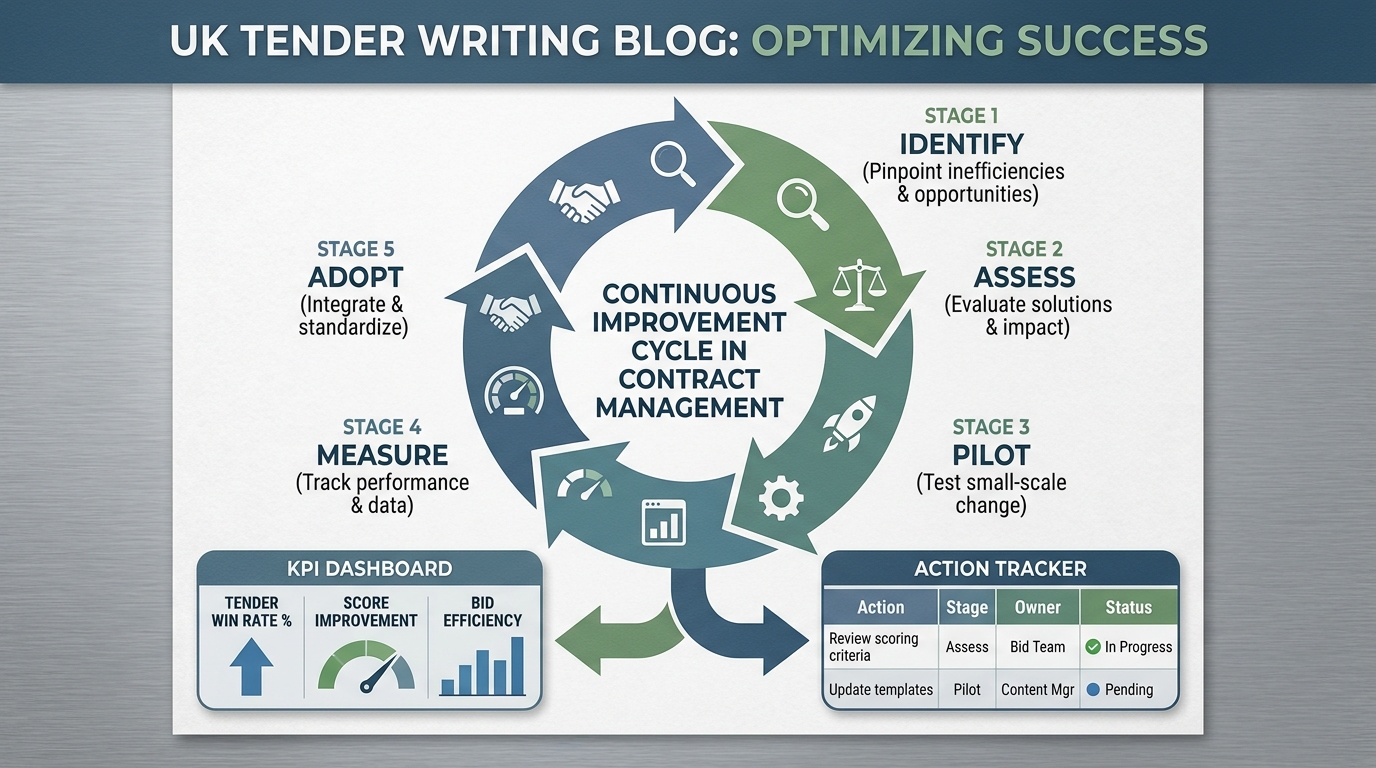 Continuous improvement cycle for tender contract management showing identify, assess, pilot, measure and adopt