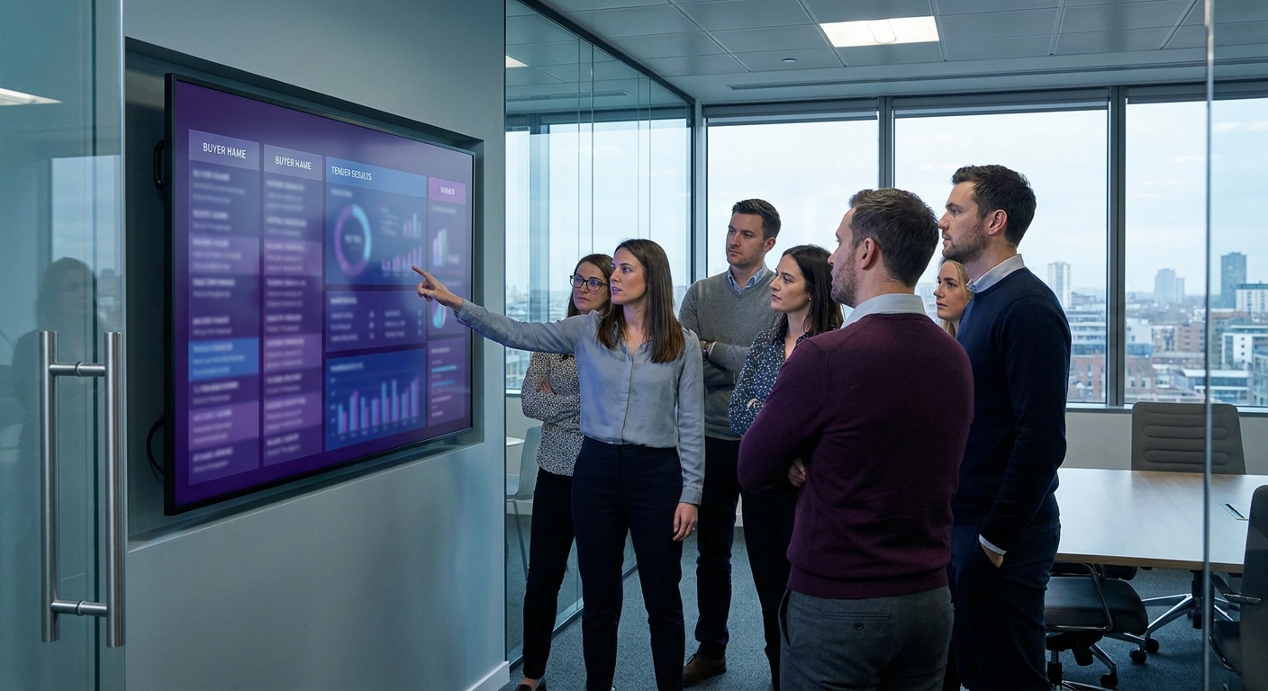 Bid team reviewing public contract award notices on a digital procurement dashboard