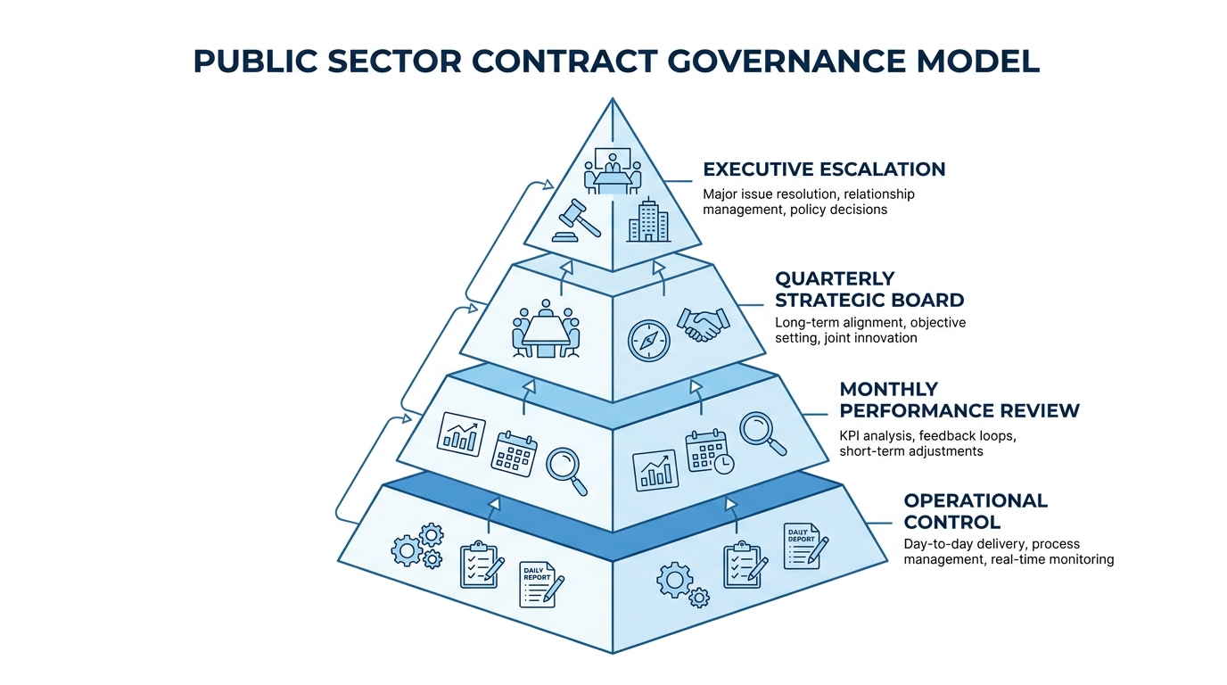 Layered contract governance model from operational control to executive escalation
