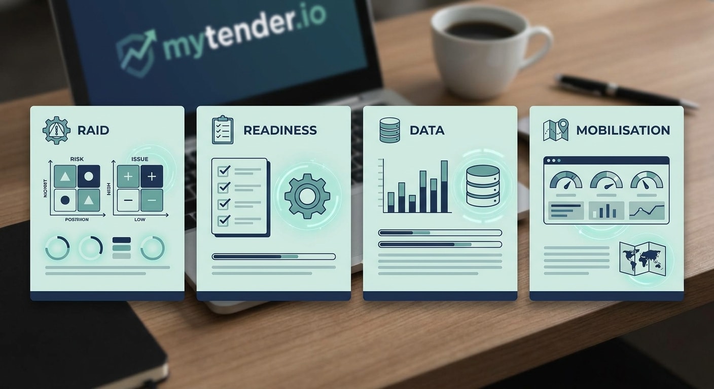 Evidence pack for a tender handover response including RAID log, readiness checklist, data tracker and mobilisation dashboard