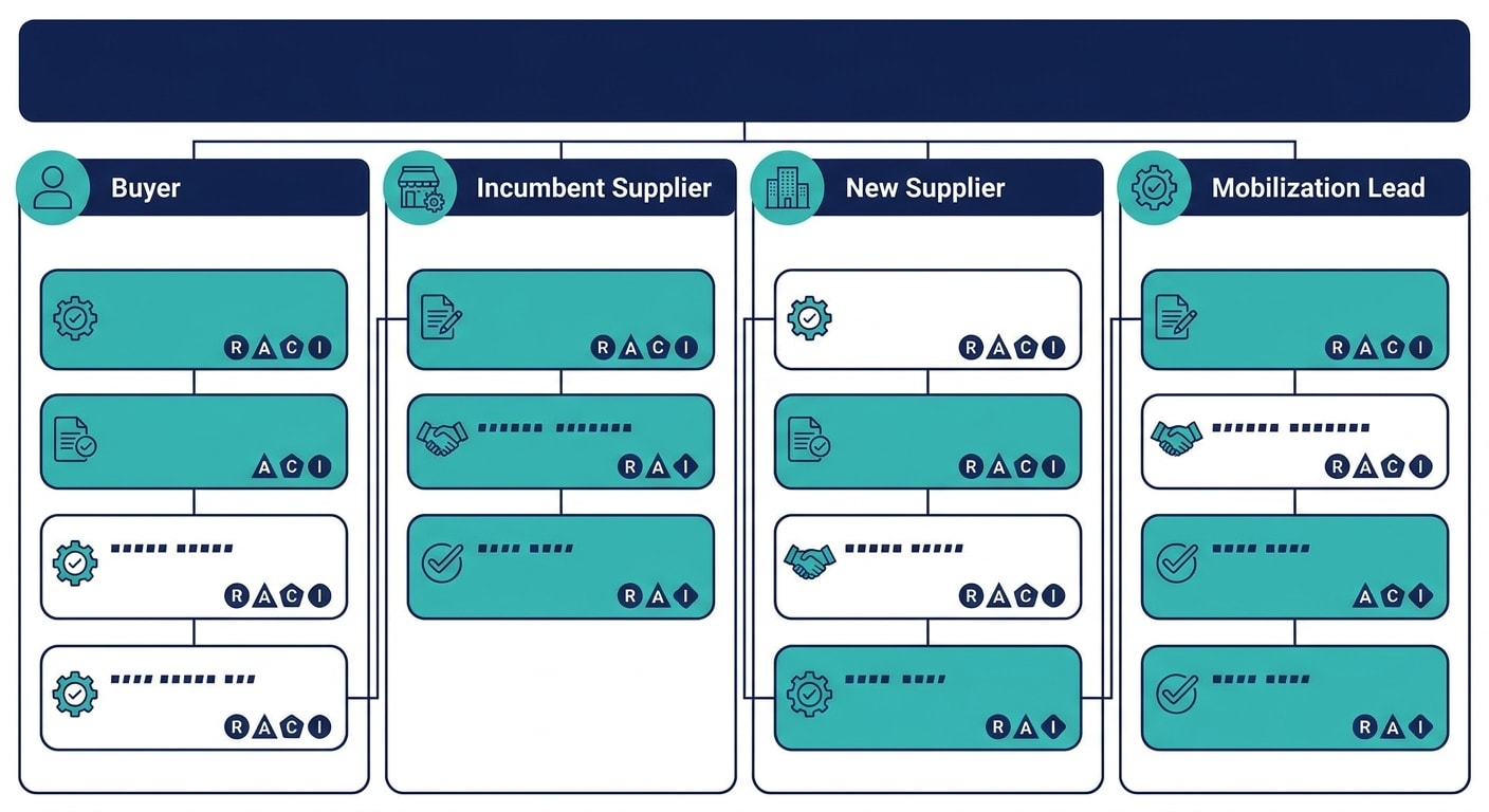 RACI-style handover map showing buyer, incumbent, new supplier and mobilisation leads across transition tasks