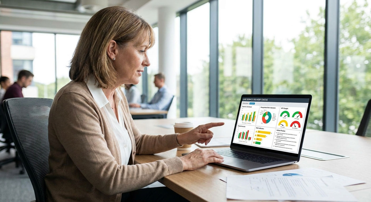 Contract manager reviewing a live public sector service dashboard with KPI and risk indicators