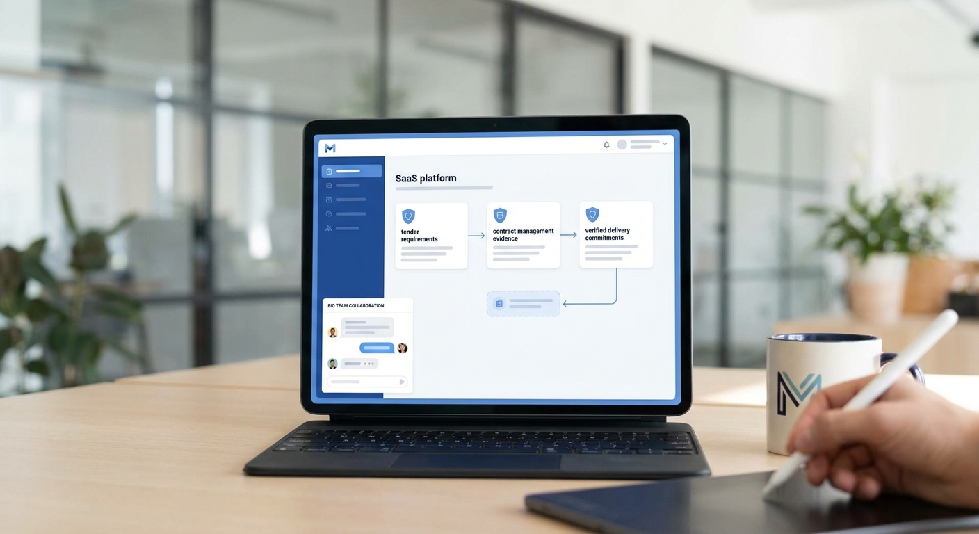 AI-supported bid workspace connecting tender requirements, contract management evidence and verified delivery commitments