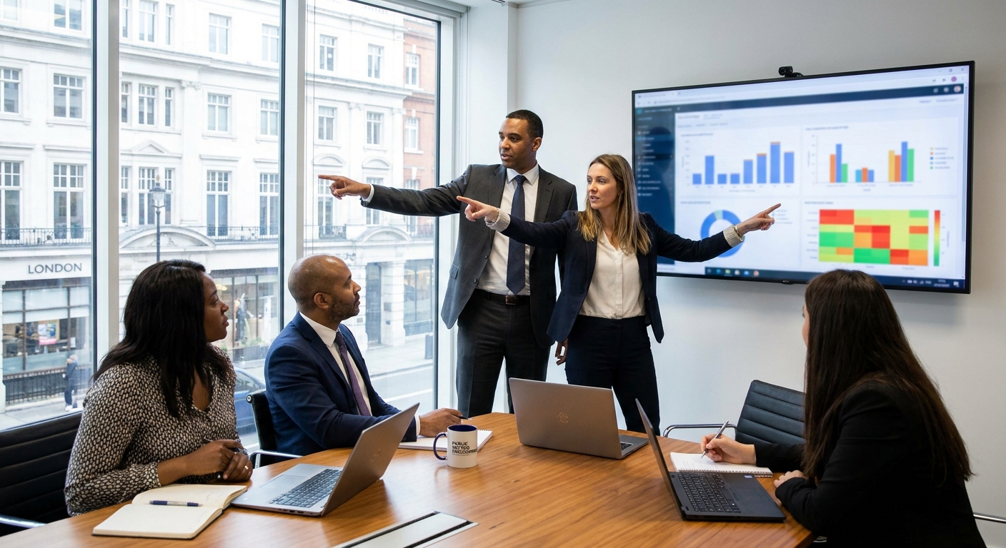 Public sector contract manager and supplier reviewing buyer-specific risks, site data and improvement actions