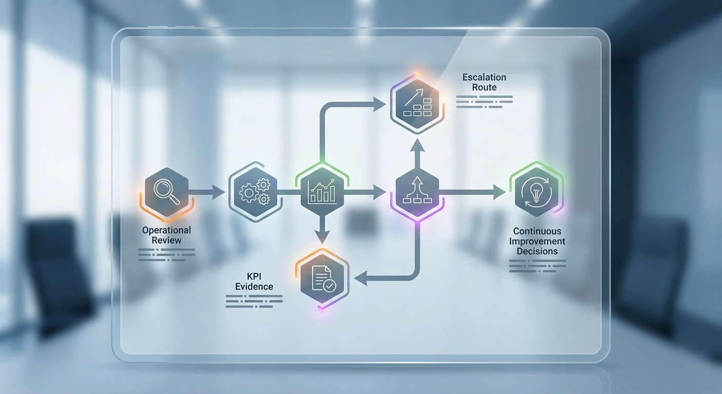 Contract governance model showing operational reviews, KPI evidence, escalation routes and continuous improvement decisions
