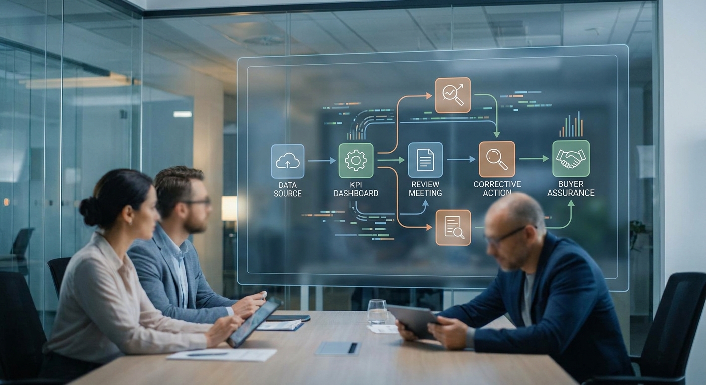 KPI evidence workflow from source data to dashboard, review meeting, corrective action and buyer assurance