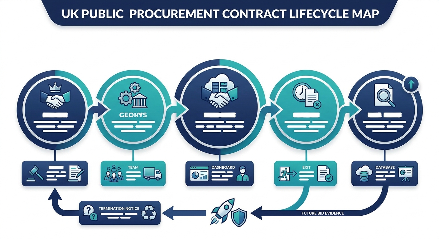 Contract lifecycle map from tender award to delivery, exit and future bid evidence