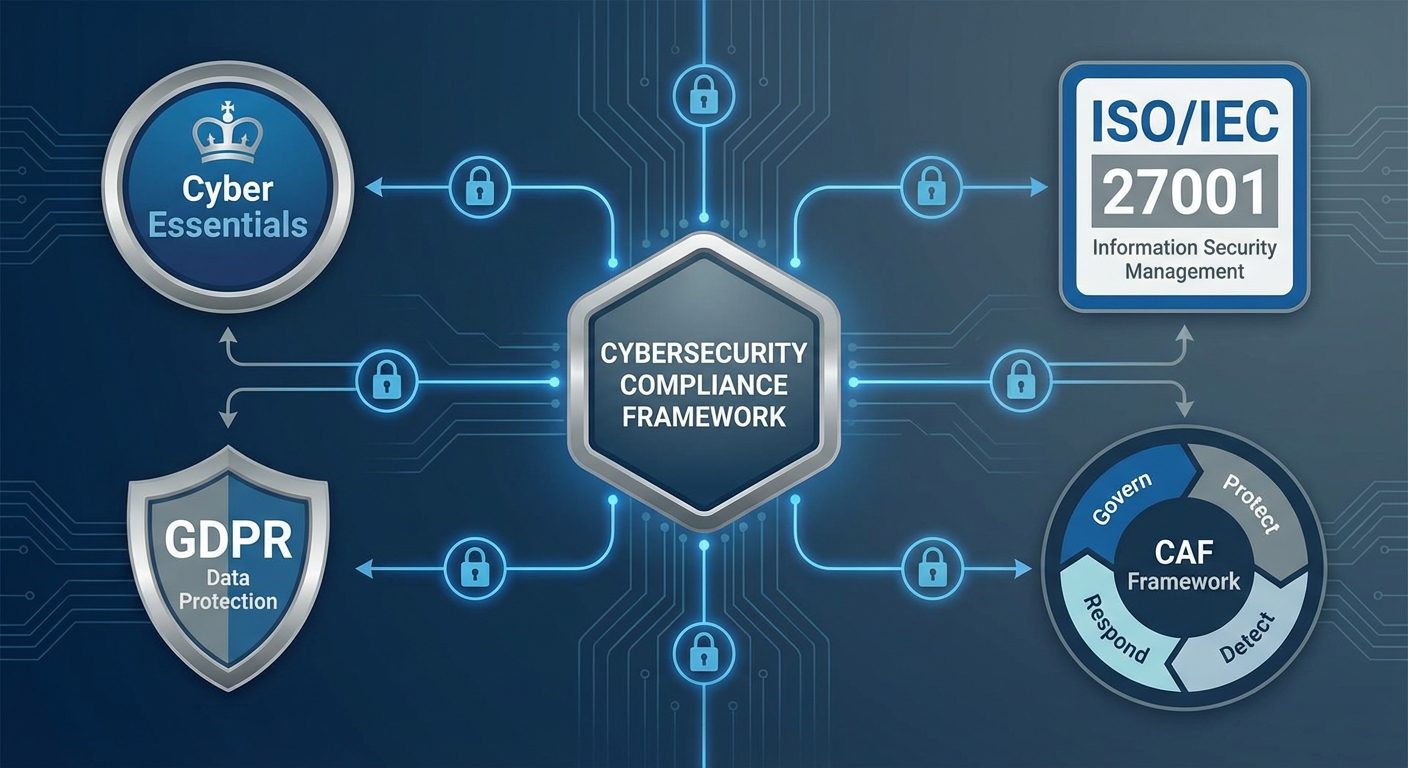 Cybersecurity compliance framework overview showing interconnected security standards