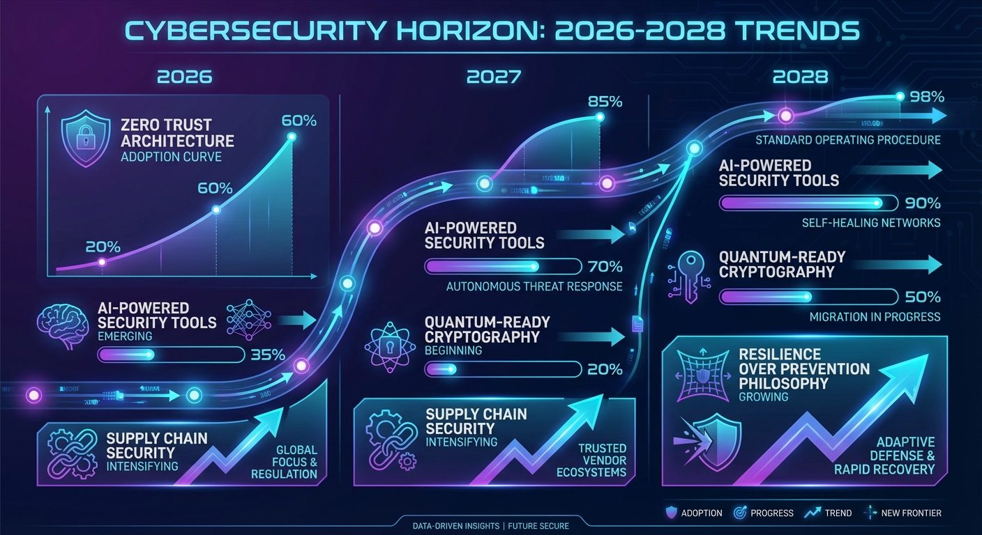 Future cybersecurity trends timeline showing adoption curves for emerging requirements