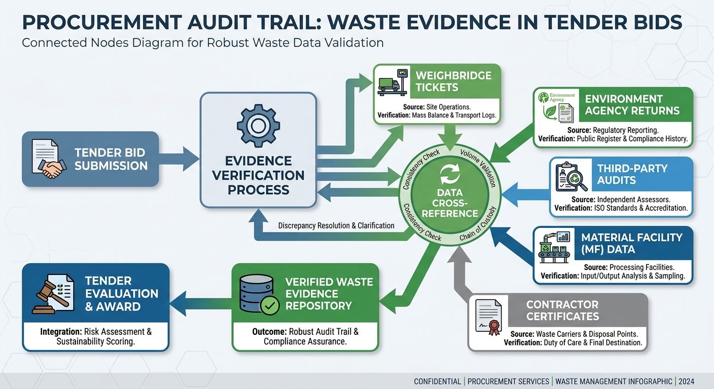 Evidence audit trail process map showing weighbridge data, EA returns, third-party audits and MRF data
