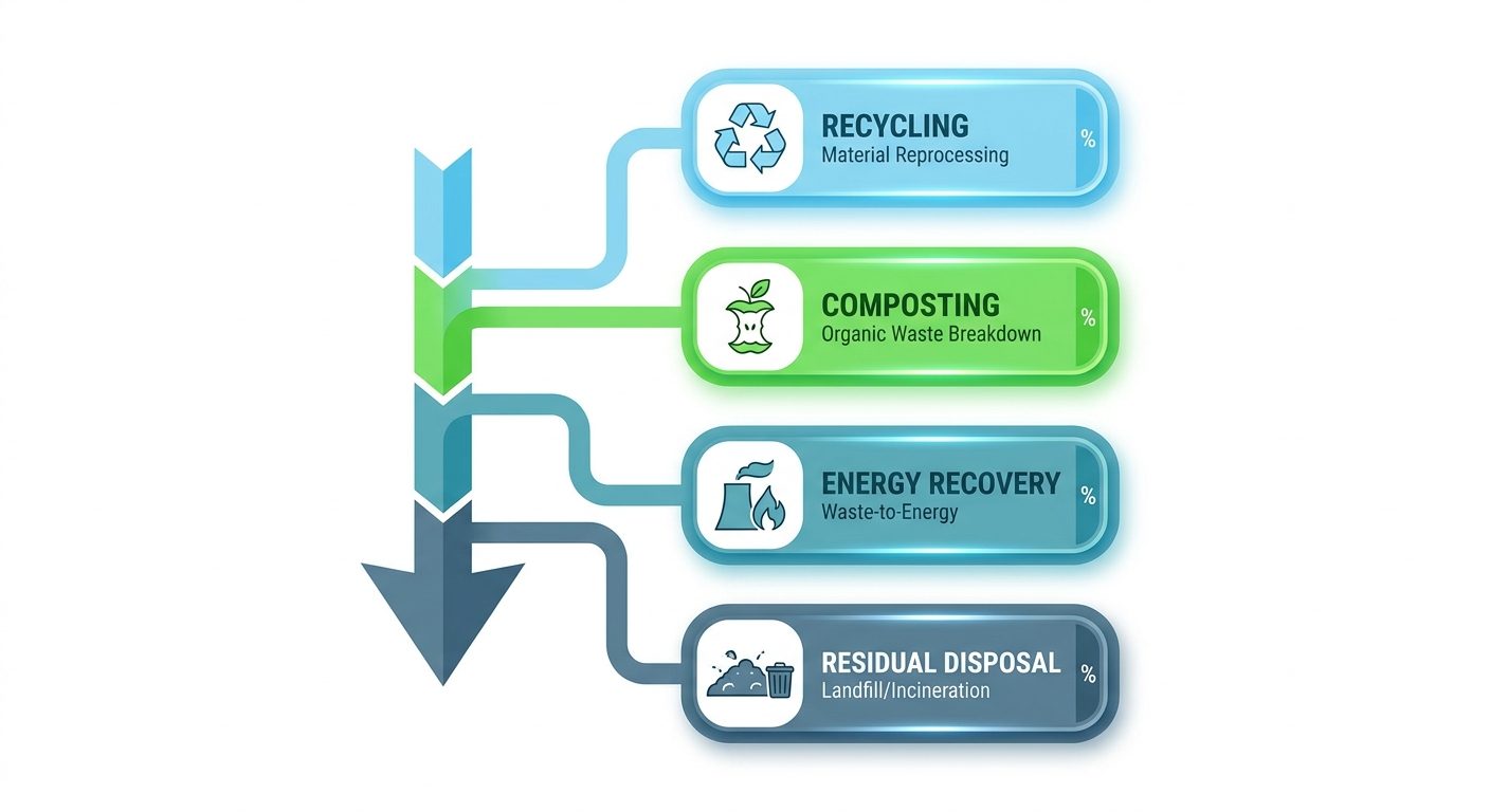 Waste diversion hierarchy infographic showing recycling, composting, energy recovery and residual disposal pathways