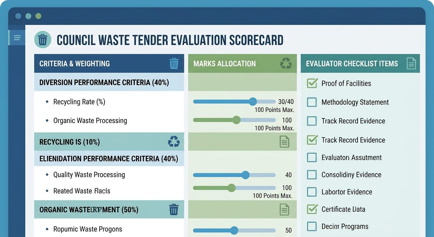 Council waste tender evaluation scorecard with diversion criteria and mark allocations
