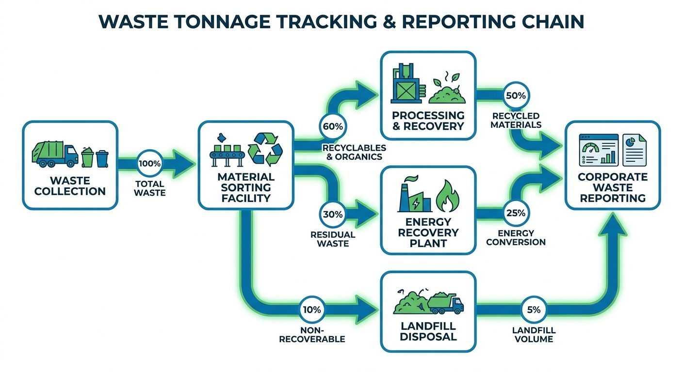 Tonnage tracking flowchart showing collection, sorting, processing and disposal reporting chain