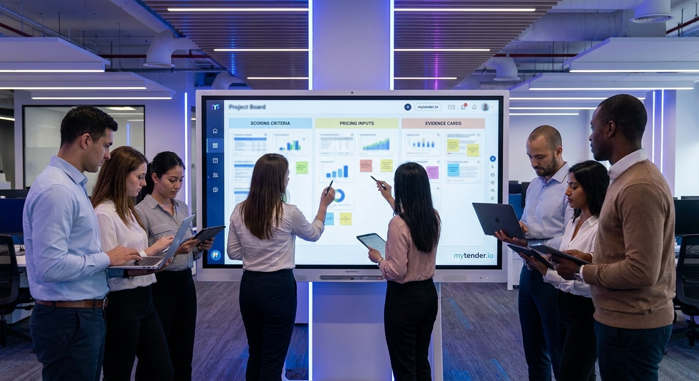 Bid team responding to a Dynamic Market call-off with evidence, scoring criteria and pricing inputs aligned on one board