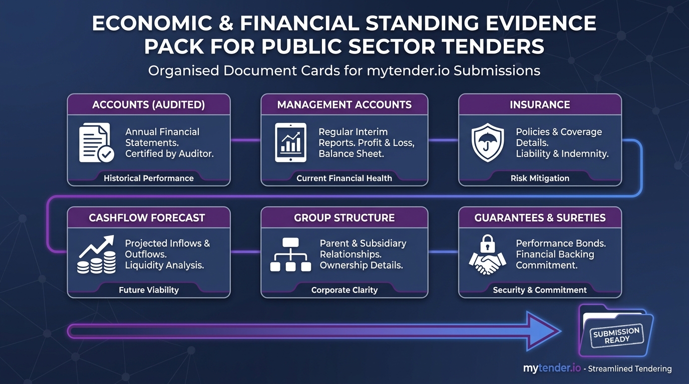 Economic and financial standing evidence pack showing accounts, ratios, cashflow, insurance and supporting explanations