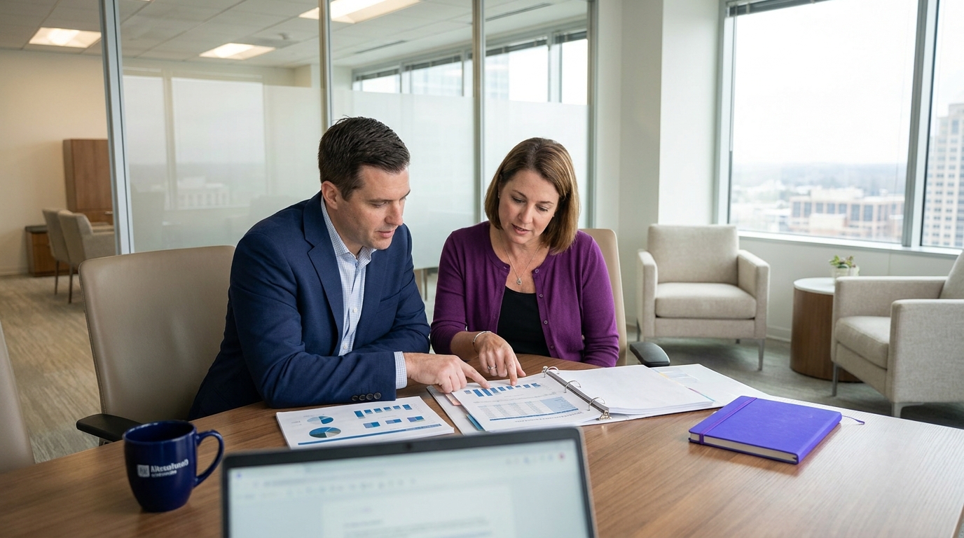 Finance lead and bid manager reviewing economic and financial standing evidence for a public sector tender