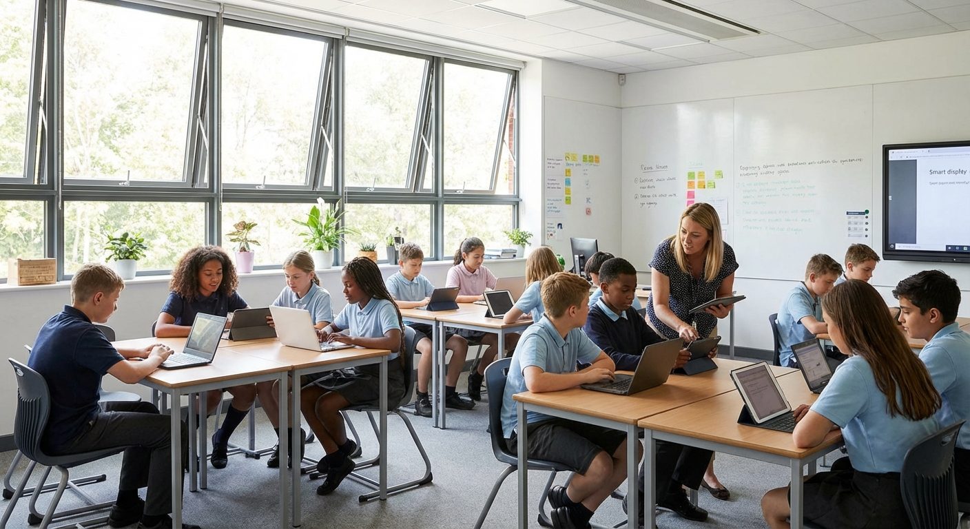 Digital classroom with students using technology for learning