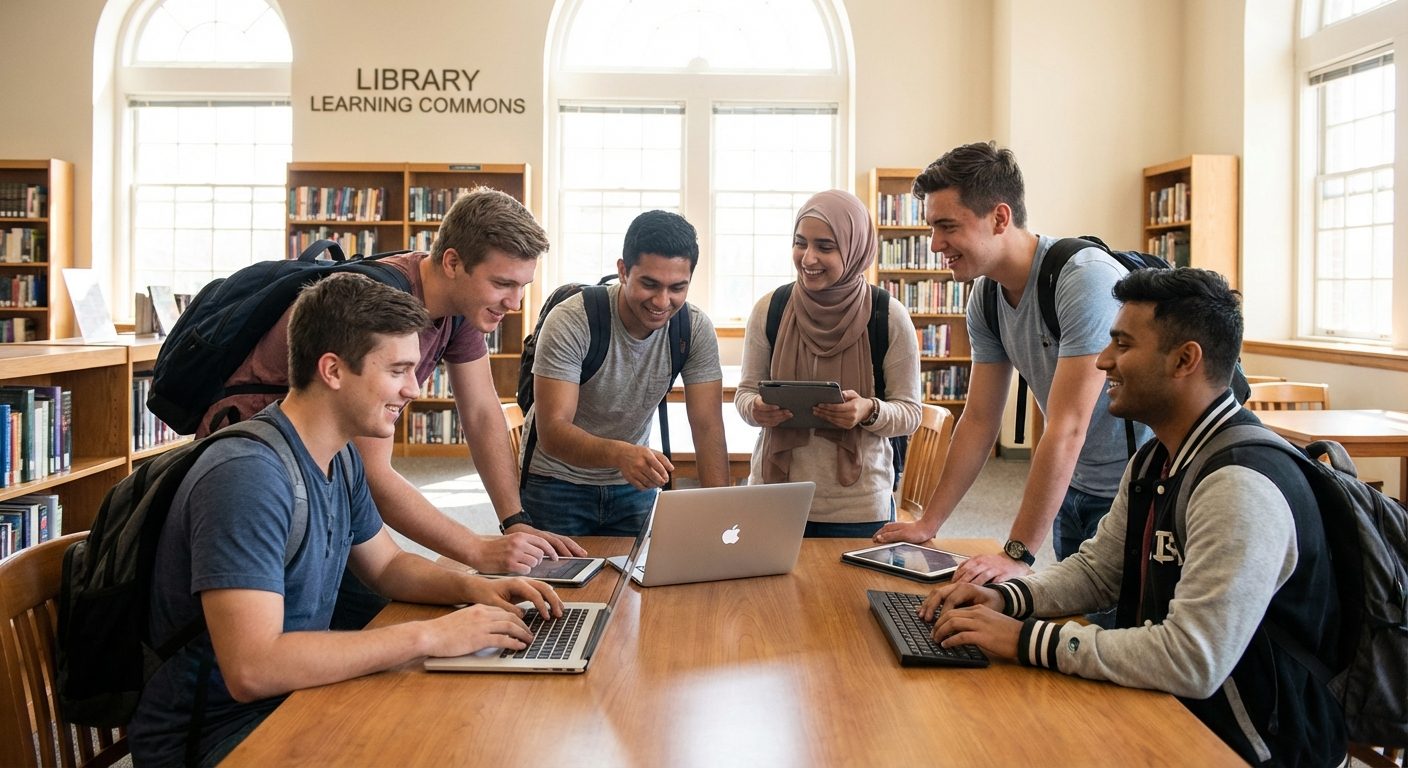 Students collaborating in a modern classroom environment