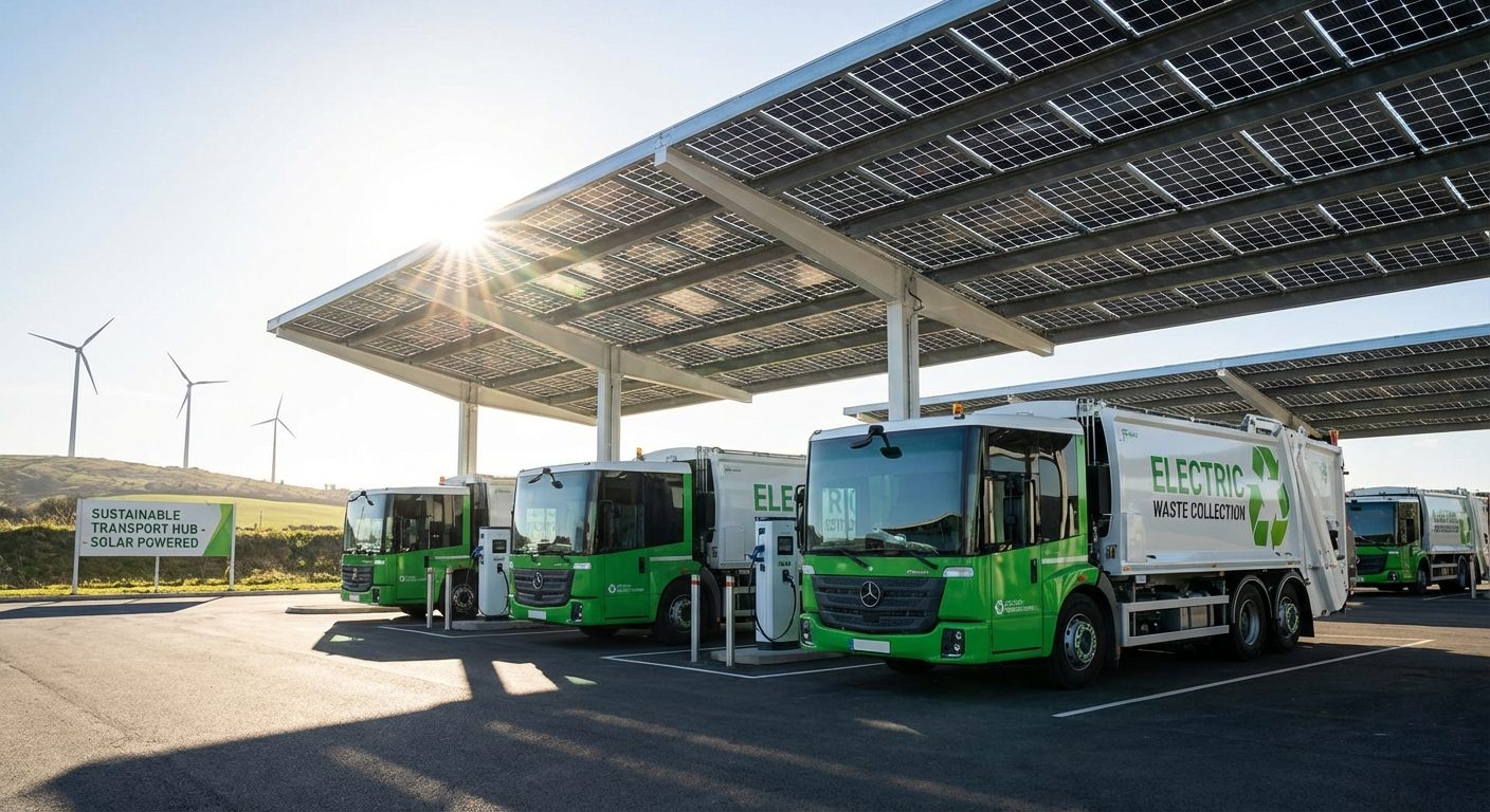 Electric waste collection vehicle fleet charging at solar-powered depot