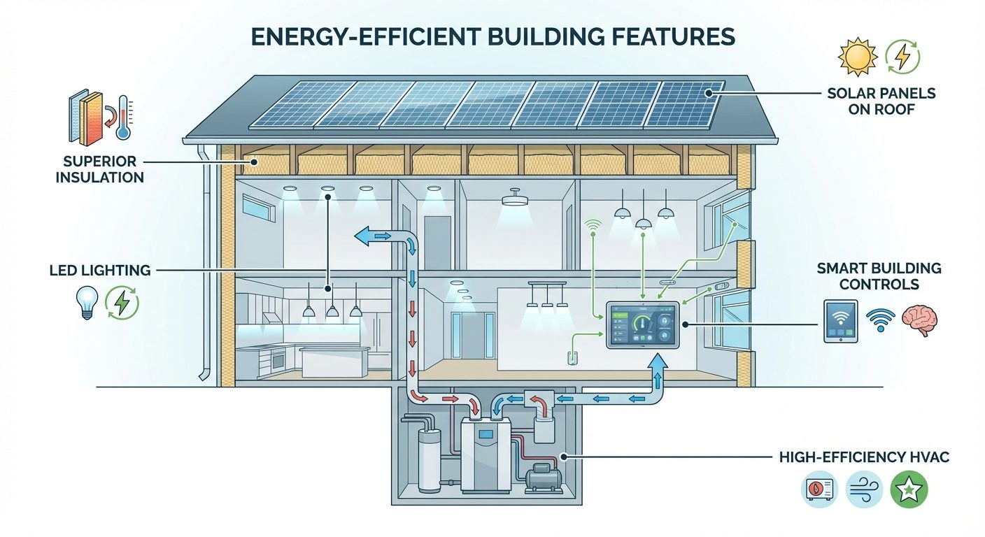 Energy-efficient building features diagram showing insulation, LED lighting, HVAC systems, and solar panels