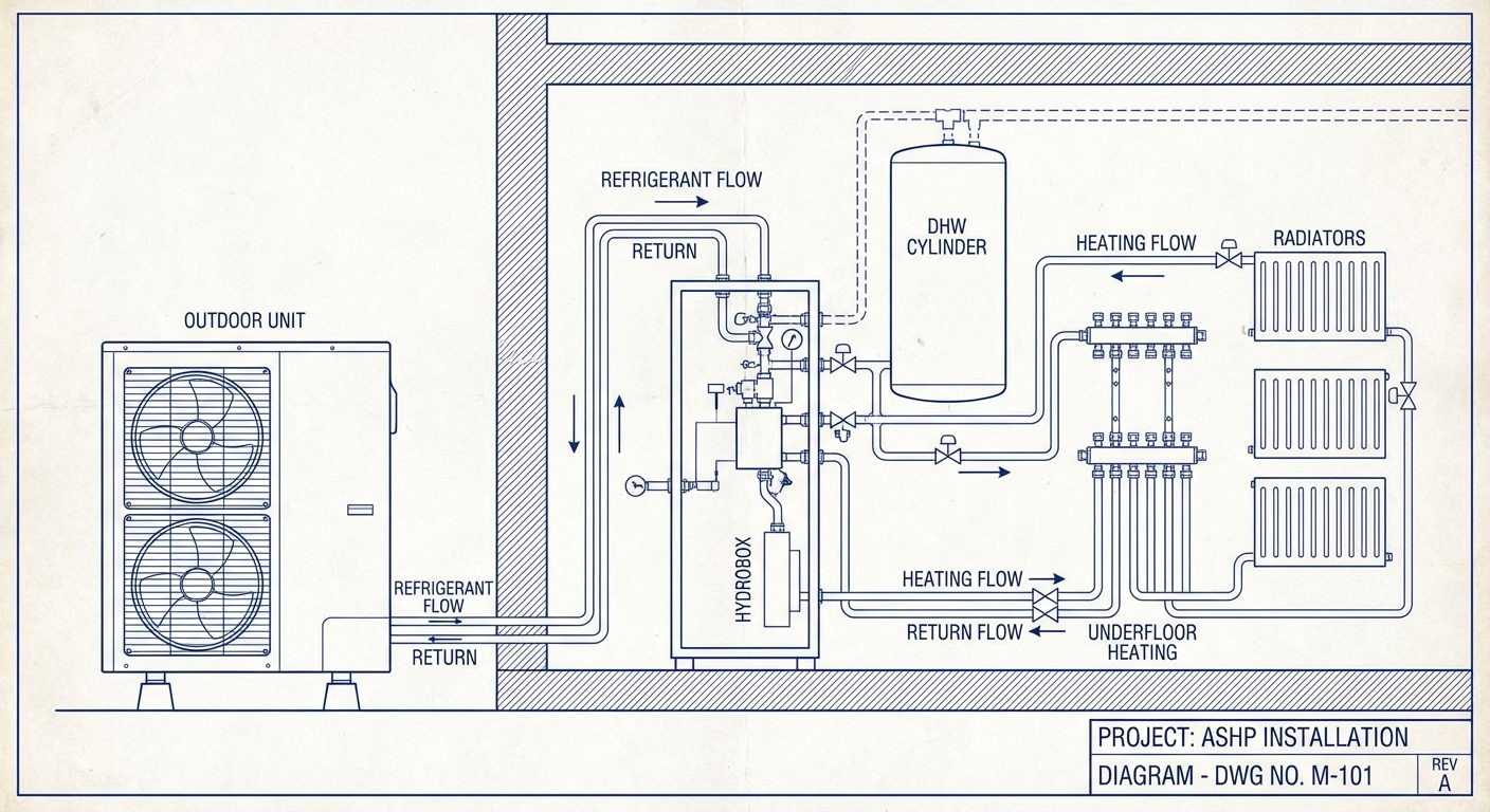 Technical diagram of air source heat pump system
