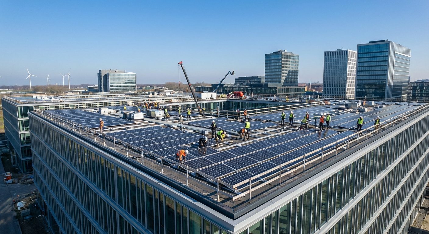 Professional solar panel installation on commercial building roof