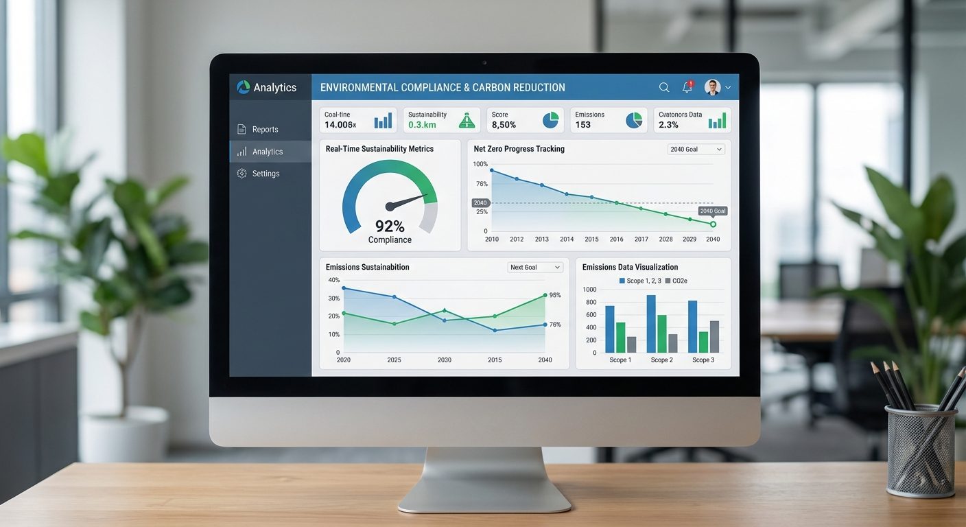 Environmental compliance dashboard showing real-time sustainability metrics and carbon tracking