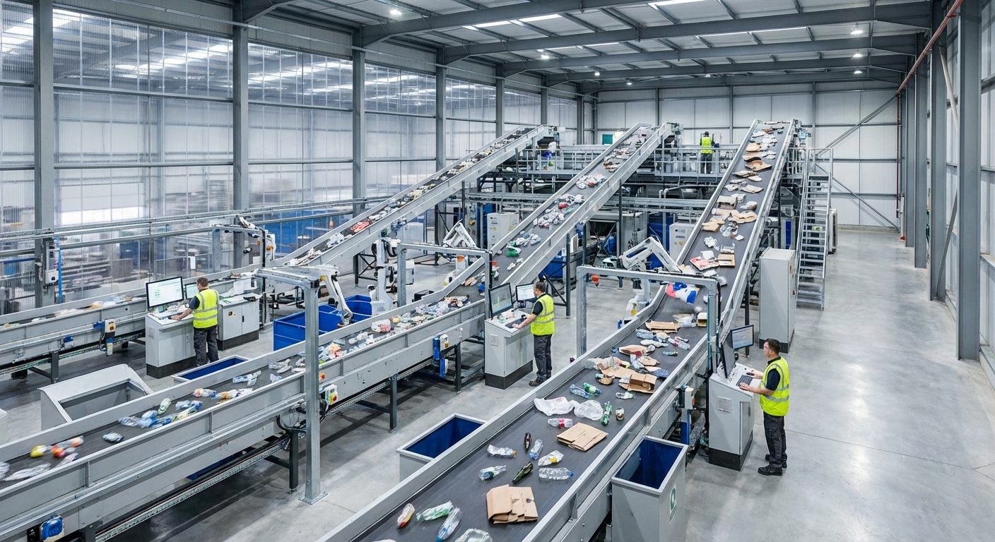 Modern waste management facility with advanced recycling sorting systems