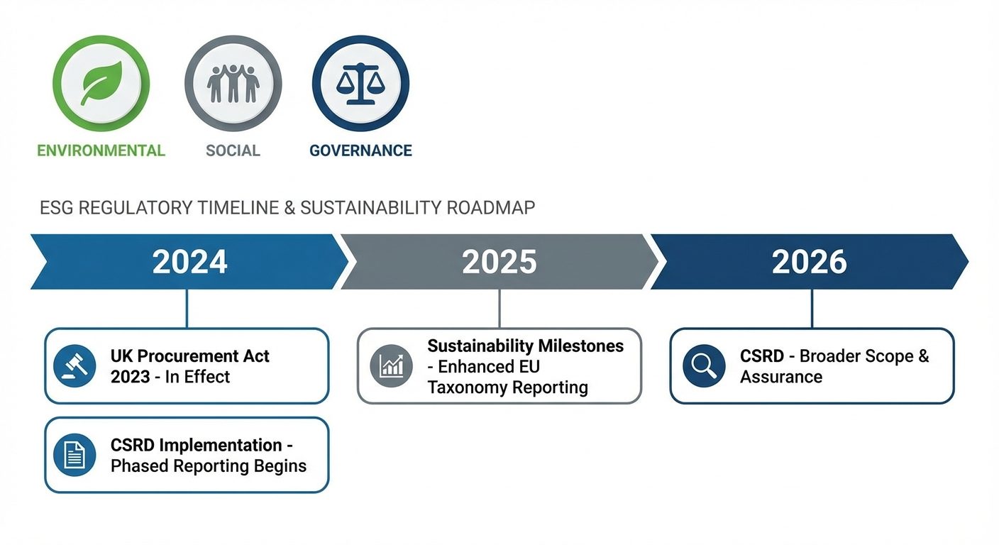 Regulatory timeline showing CSRD, Procurement Act, and sustainability milestones