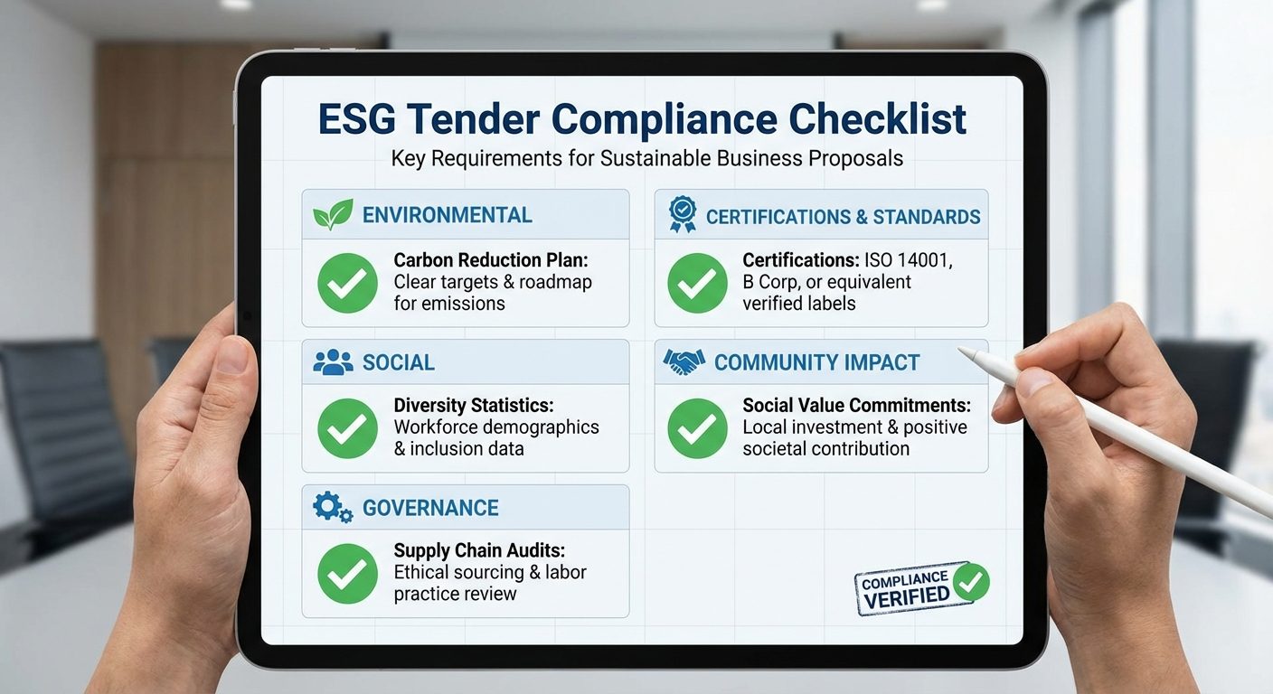 ESG tender compliance checklist showing carbon plans, diversity data, supply chain audits, and certifications