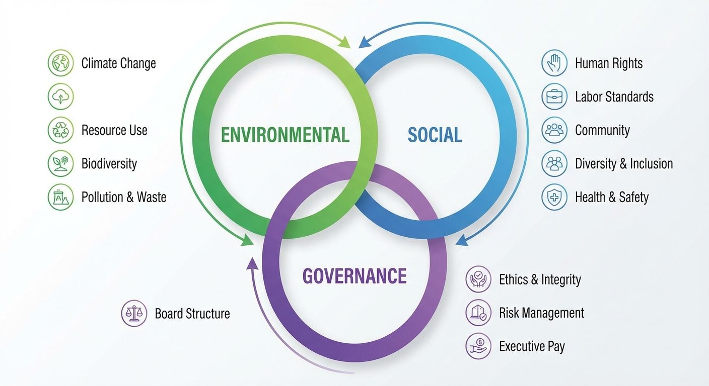 Diagram showing the interconnection of Environmental, Social, and Governance criteria