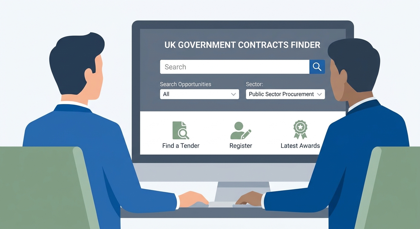 Business professional finding and responding to UK government contracts using mytender.io AI platform for tender portal management