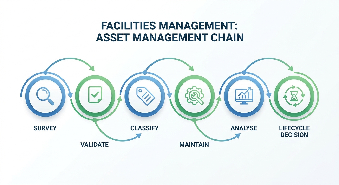 Process map showing how FM asset data moves from survey and validation through PPM, compliance control, performance reporting and lifecycle decisions