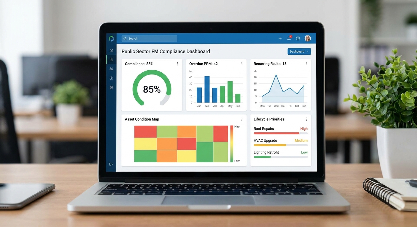 CAFM dashboard illustration showing statutory compliance, overdue PPM, recurring faults, asset condition movement and lifecycle replacement priorities