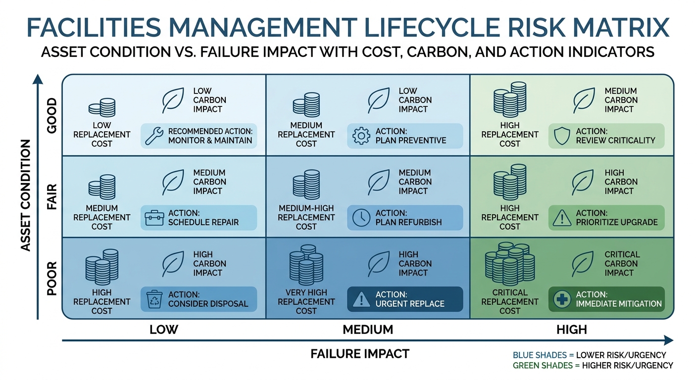 Lifecycle risk matrix for FM tenders, comparing asset condition, failure impact, replacement cost, carbon impact and recommended client action