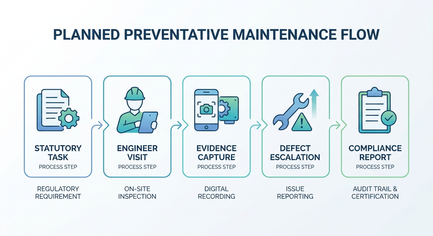 Workflow diagram for planned preventative maintenance, showing statutory task lock-in, engineer evidence capture, defect escalation and client reporting